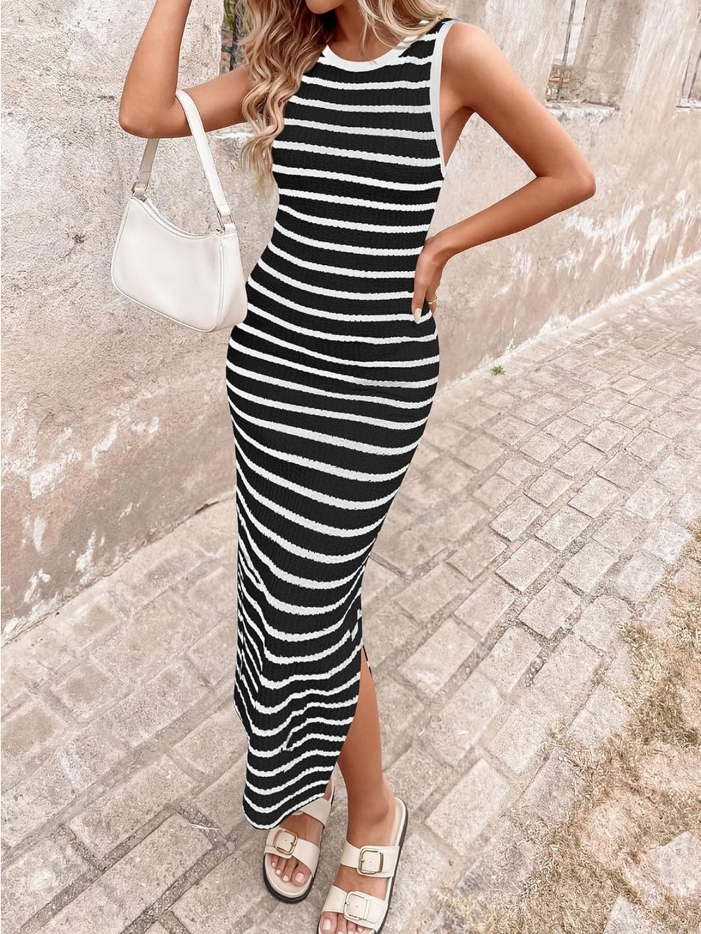 #38 PRETTYGARDEN Striped Knit Side Slit Spring Fashion Bodycon Maxi Dress